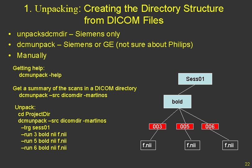 1. Unpacking: Creating the Directory Structure from DICOM Files • unpacksdcmdir – Siemens only