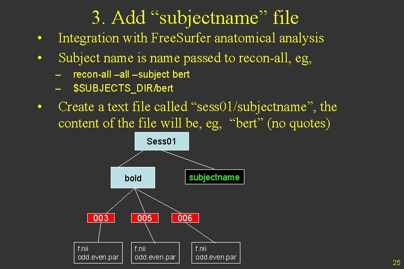 3. Add “subjectname” file • • Integration with Free. Surfer anatomical analysis Subject name