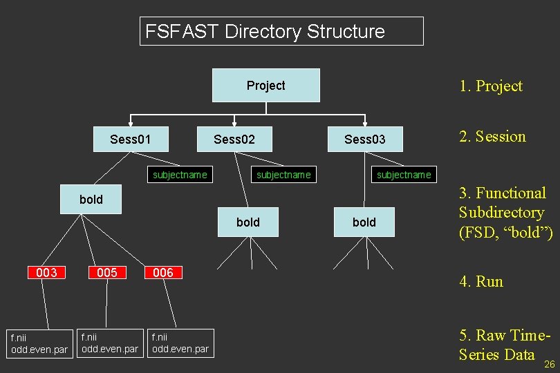 FSFAST Directory Structure 1. Project Sess 01 Sess 02 subjectname Sess 03 subjectname bold