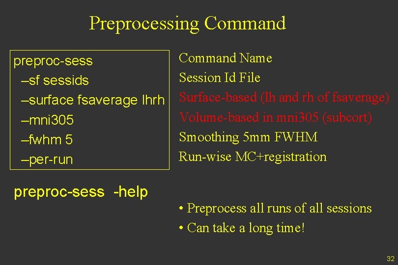 Preprocessing Command preproc-sess –sf sessids –surface fsaverage lhrh –mni 305 –fwhm 5 –per-run preproc-sess
