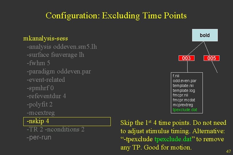 Configuration: Excluding Time Points mkanalysis-sess -analysis oddeven. sm 5. lh -surface fsaverage lh -fwhm