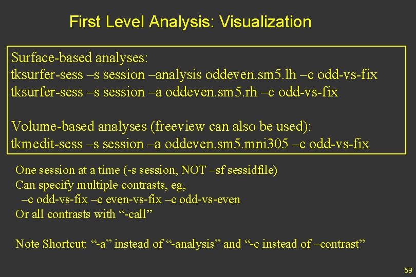 First Level Analysis: Visualization Surface-based analyses: tksurfer-sess –s session –analysis oddeven. sm 5. lh