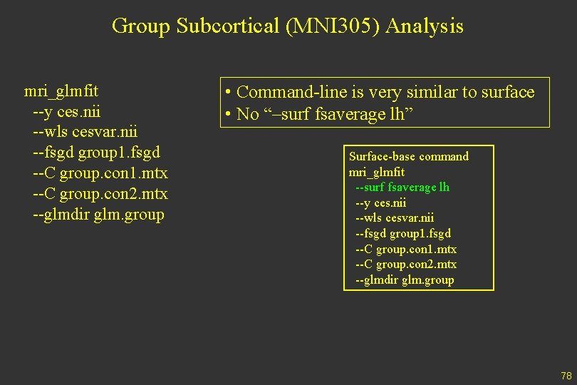 Group Subcortical (MNI 305) Analysis mri_glmfit --y ces. nii --wls cesvar. nii --fsgd group