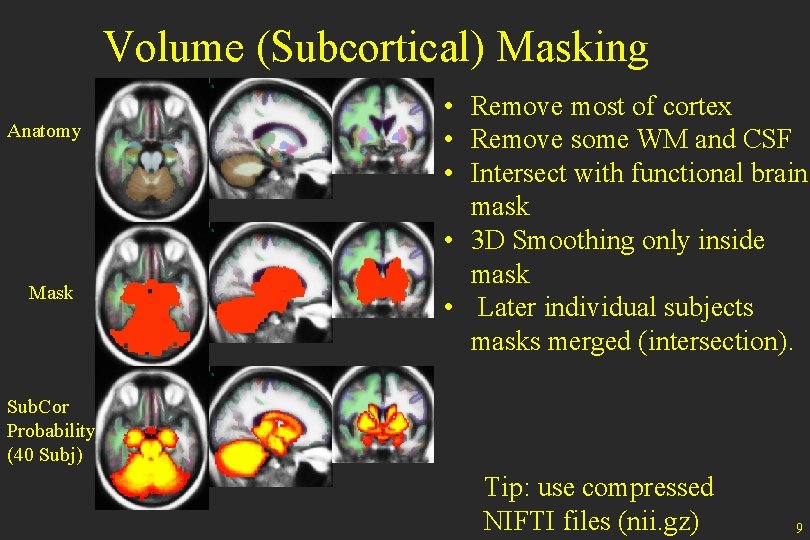 Volume (Subcortical) Masking Anatomy Mask • Remove most of cortex • Remove some WM