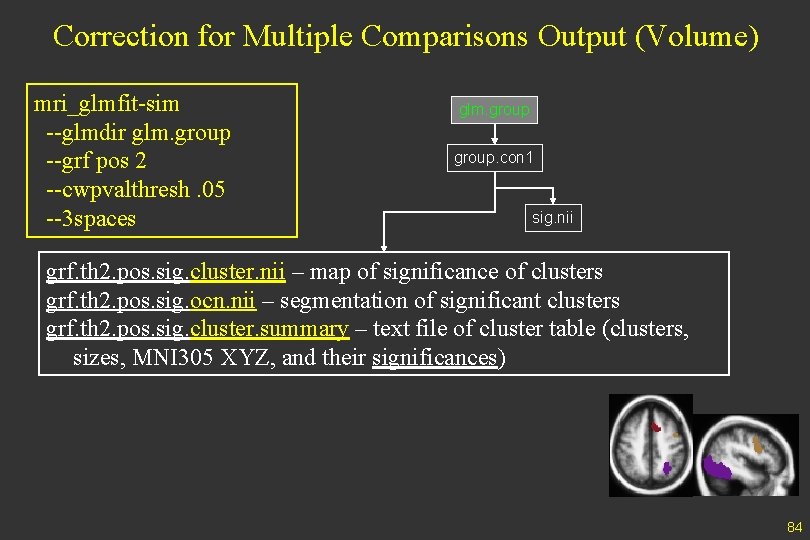 Correction for Multiple Comparisons Output (Volume) mri_glmfit-sim --glmdir glm. group --grf pos 2 --cwpvalthresh.