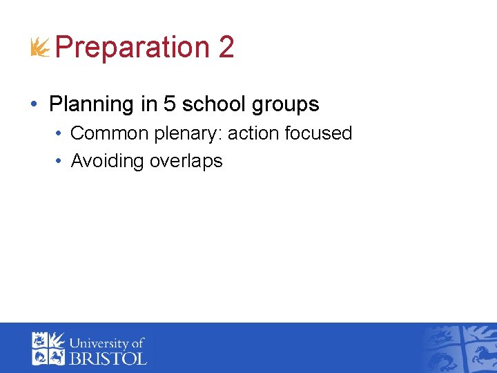 Preparation 2 • Planning in 5 school groups • Common plenary: action focused •