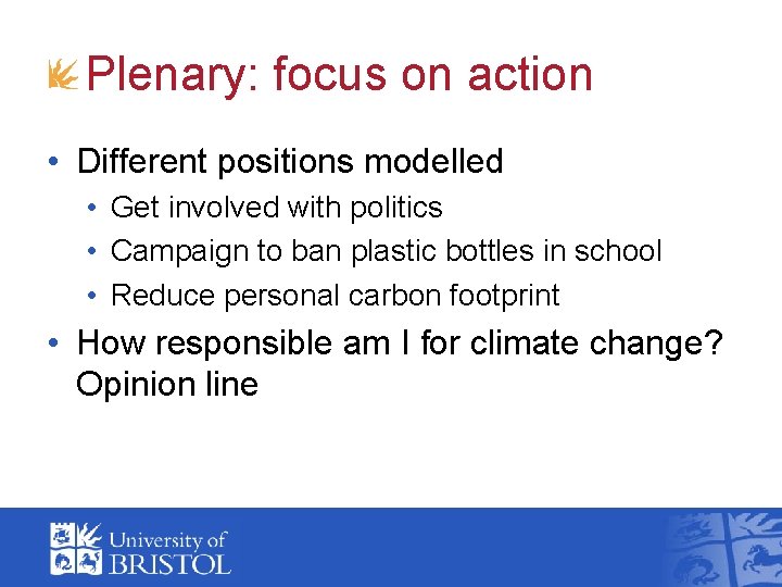 Plenary: focus on action • Different positions modelled • Get involved with politics •