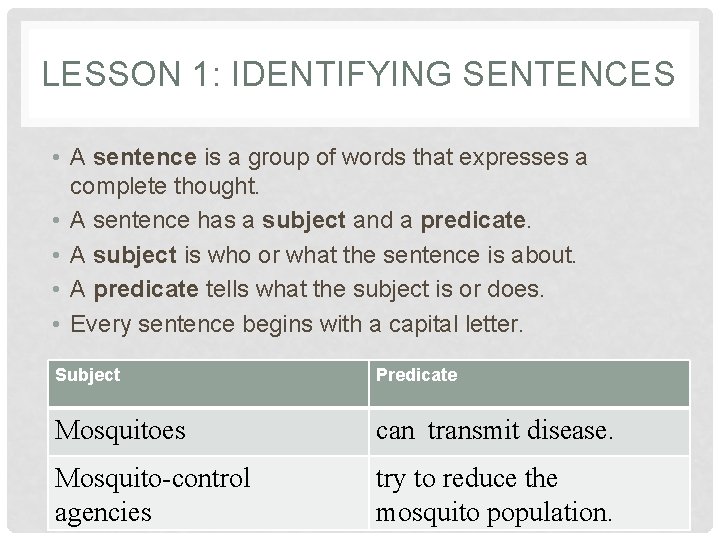 LESSON 1: IDENTIFYING SENTENCES • A sentence is a group of words that expresses