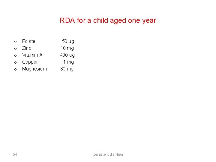 RDA for a child aged one year o o o 54 Folate Zinc Vitamin