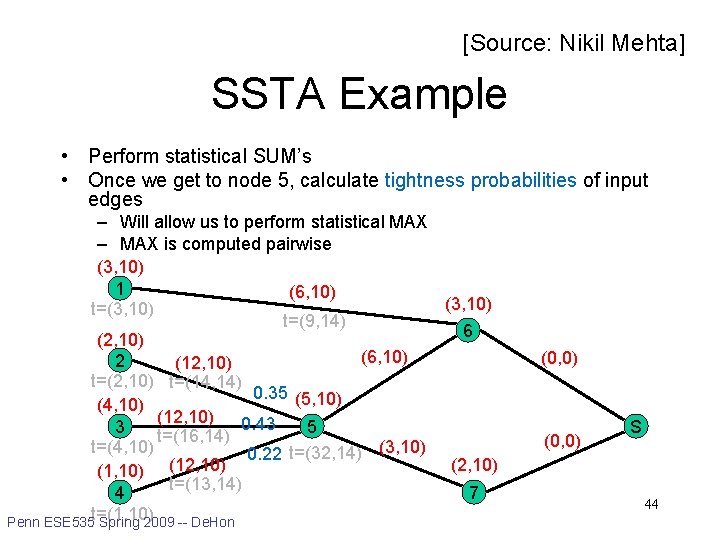 [Source: Nikil Mehta] SSTA Example • Perform statistical SUM’s • Once we get to