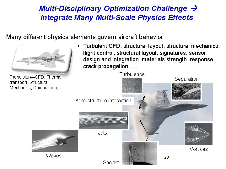 Multi-Disciplinary Optimization Challenge Integrate Many Multi-Scale Physics Effects Many different physics elements govern aircraft