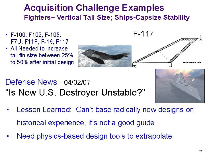 Acquisition Challenge Examples Fighters– Vertical Tail Size; Ships-Capsize Stability • F-100, F 102, F-105,