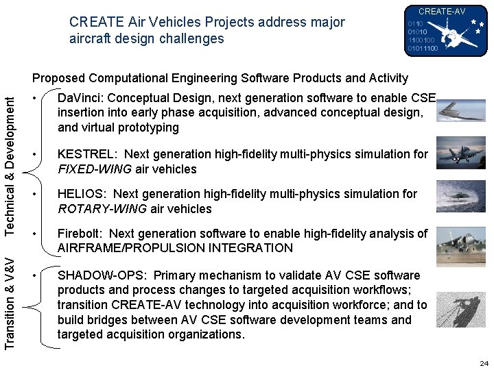 CREATE Air Vehicles Projects address major aircraft design challenges CREATE-AV 0110 01010 1100100 01011100