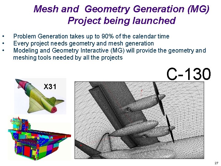 Mesh and Geometry Generation (MG) Project being launched • • • Problem Generation takes
