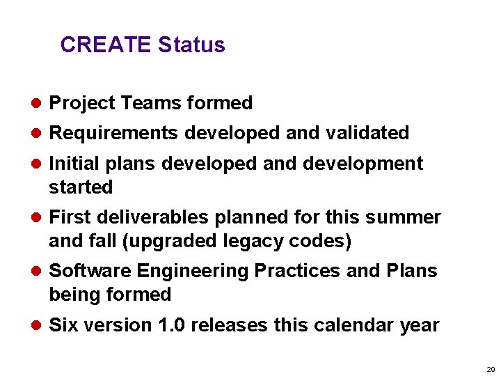 CREATE Status l Project Teams formed l Requirements developed and validated l Initial plans