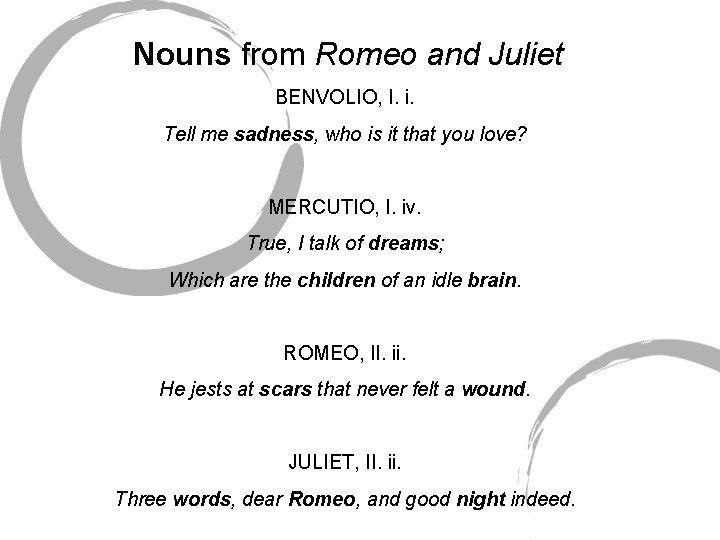 Nouns from Romeo and Juliet BENVOLIO, I. i. Tell me sadness, who is it