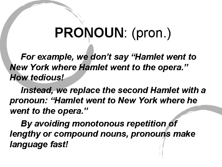 PRONOUN: (pron. ) For example, we don’t say “Hamlet went to New York where