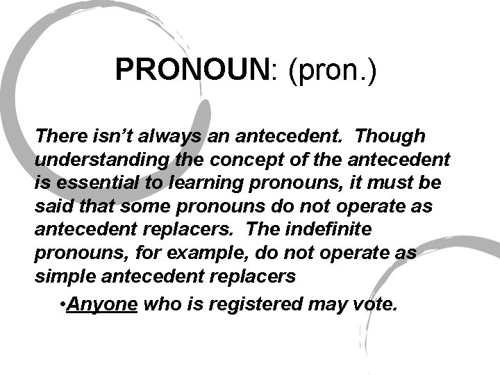 PRONOUN: (pron. ) There isn’t always an antecedent. Though understanding the concept of the