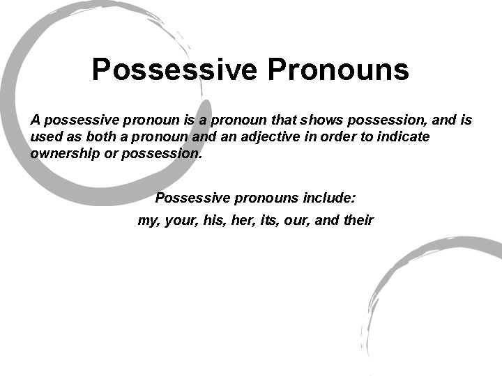 Possessive Pronouns A possessive pronoun is a pronoun that shows possession, and is used