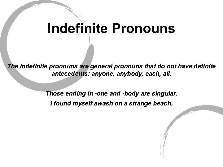 Indefinite Pronouns The indefinite pronouns are general pronouns that do not have definite antecedents: