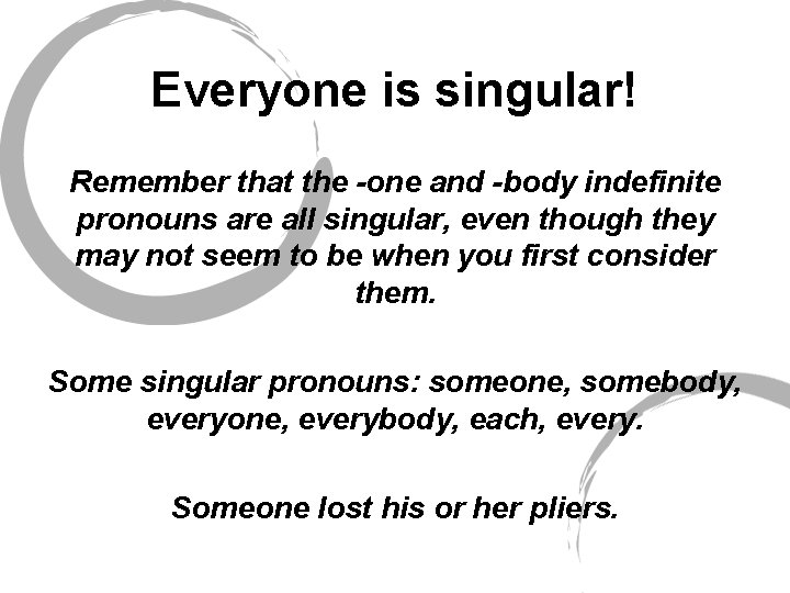 Everyone is singular! Remember that the -one and -body indefinite pronouns are all singular,