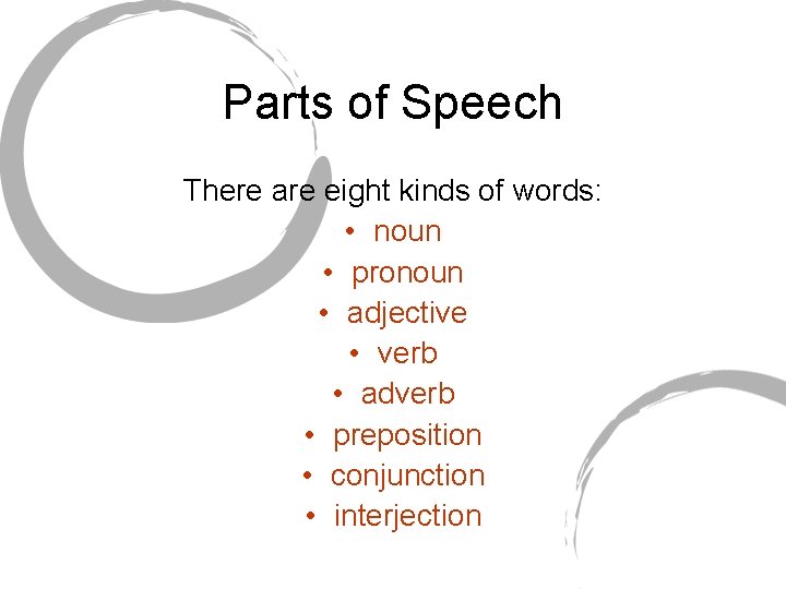 Parts of Speech There are eight kinds of words: • noun • pronoun •