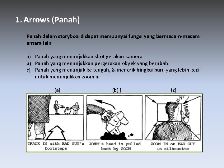 1. Arrows (Panah) Panah dalam storyboard dapat mempunyai fungsi yang bermacam-macam antara lain: a)