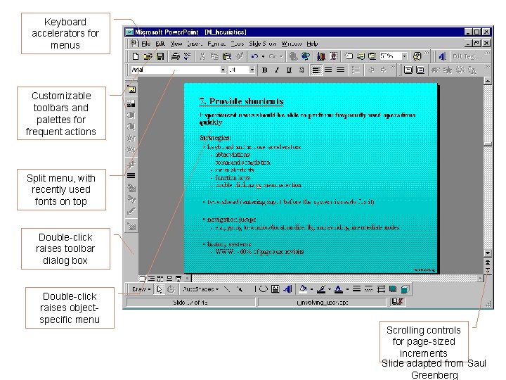 Keyboard accelerators for menus Customizable toolbars and palettes for frequent actions Split menu, with