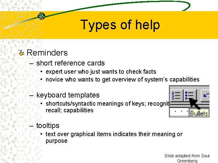 Types of help Reminders – short reference cards • expert user who just wants