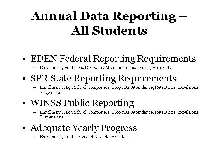 Annual Data Reporting – All Students • EDEN Federal Reporting Requirements – Enrollment, Graduates, Annual Data Reporting – All Students • EDEN Federal Reporting Requirements – Enrollment, Graduates,