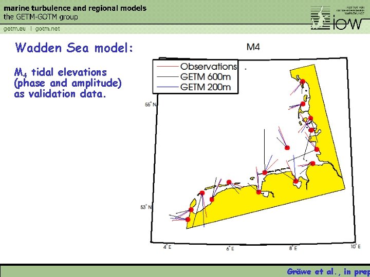 Wadden Sea model: M 4 tidal elevations (phase and amplitude) as validation data. Gräwe