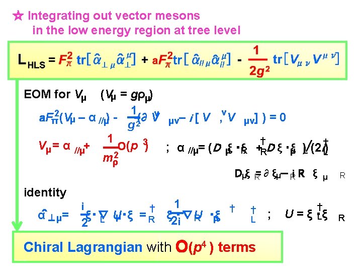 ☆ Integrating out vector mesons in the low energy region at tree level EOM