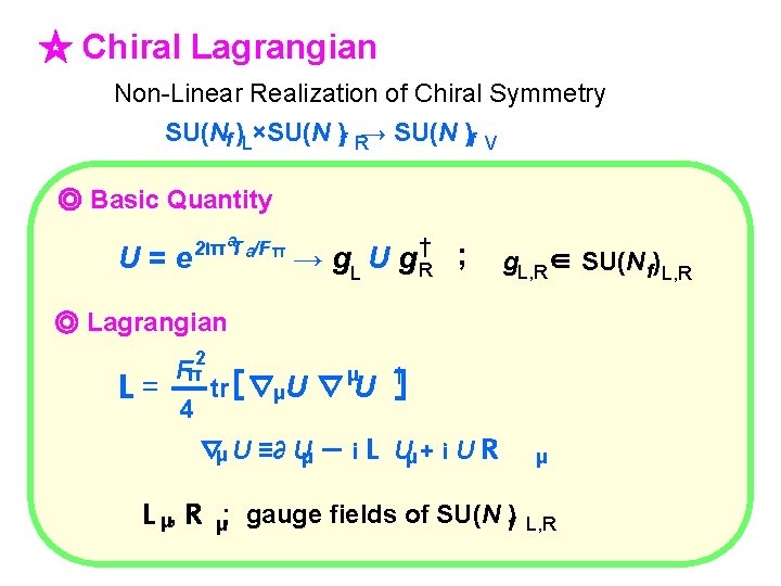 ☆ Chiral Lagrangian Non-Linear Realization of Chiral Symmetry SU(Nf )L×SU(N )f R→ SU(N )f