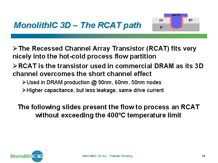 Monolith. IC 3 D – The RCAT path ØThe Recessed Channel Array Transistor (RCAT) Monolith. IC 3 D – The RCAT path ØThe Recessed Channel Array Transistor (RCAT)