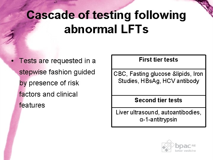 Cascade of testing following abnormal LFTs • Tests are requested in a stepwise fashion Cascade of testing following abnormal LFTs • Tests are requested in a stepwise fashion