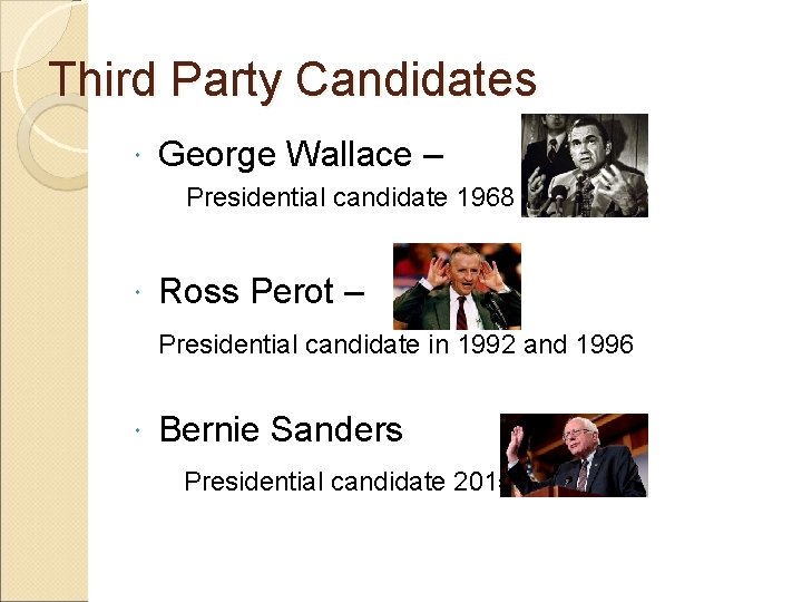 Third Party Candidates George Wallace – Presidential candidate 1968 Ross Perot – Presidential candidate