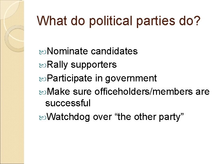 What do political parties do? Nominate candidates Rally supporters Participate in government Make sure