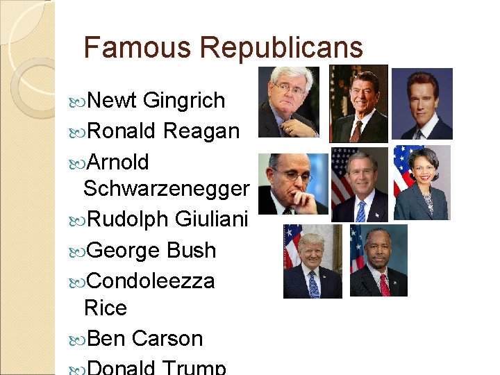 Famous Republicans Newt Gingrich Ronald Reagan Arnold Schwarzenegger Rudolph Giuliani George Bush Condoleezza Rice