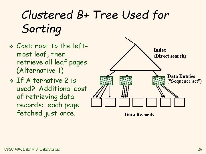 Clustered B+ Tree Used for Sorting v v Cost: root to the leftmost leaf,