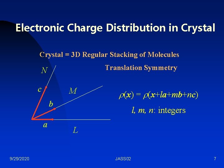Electronic Charge Distribution in Crystal = 3 D Regular Stacking of Molecules Translation Symmetry