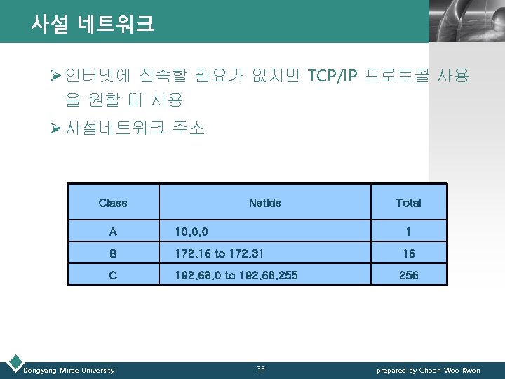 사설 네트워크 LOGO Ø 인터넷에 접속할 필요가 없지만 TCP/IP 프로토콜 사용 을 원할 때 사설 네트워크 LOGO Ø 인터넷에 접속할 필요가 없지만 TCP/IP 프로토콜 사용 을 원할 때