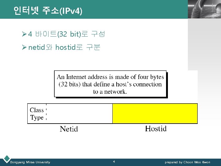 인터넷 주소(IPv 4) LOGO Ø 4 바이트(32 bit)로 구성 Ø netid와 hostid로 구분 Dongyang 인터넷 주소(IPv 4) LOGO Ø 4 바이트(32 bit)로 구성 Ø netid와 hostid로 구분 Dongyang