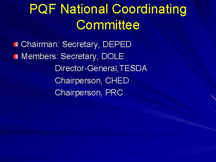 PQF National Coordinating Committee Chairman: Secretary, DEPED Members: Secretary, DOLE Director-General, TESDA Chairperson, CHED PQF National Coordinating Committee Chairman: Secretary, DEPED Members: Secretary, DOLE Director-General, TESDA Chairperson, CHED