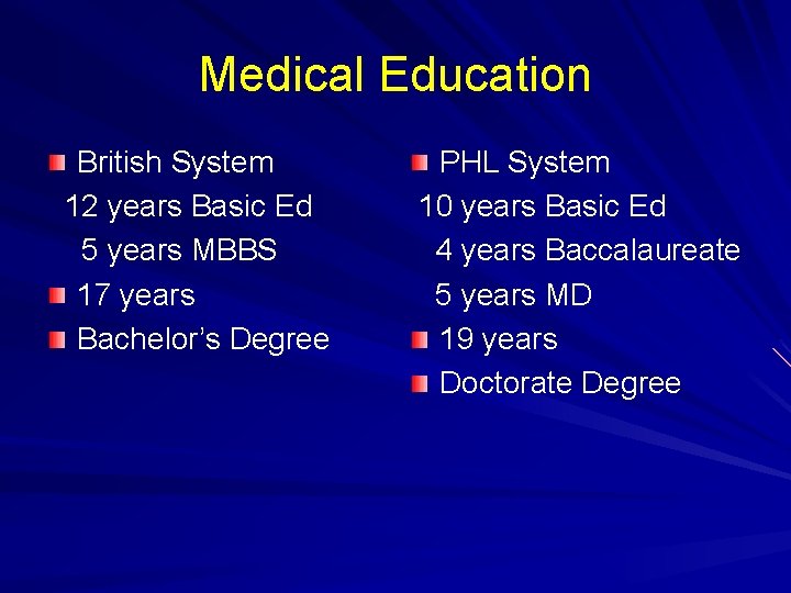 Medical Education British System 12 years Basic Ed 5 years MBBS 17 years Bachelor’s Medical Education British System 12 years Basic Ed 5 years MBBS 17 years Bachelor’s