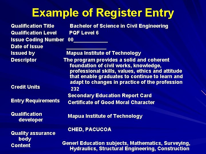 Example of Register Entry Qualification Title Bachelor of Science in Civil Engineering Qualification Level Example of Register Entry Qualification Title Bachelor of Science in Civil Engineering Qualification Level