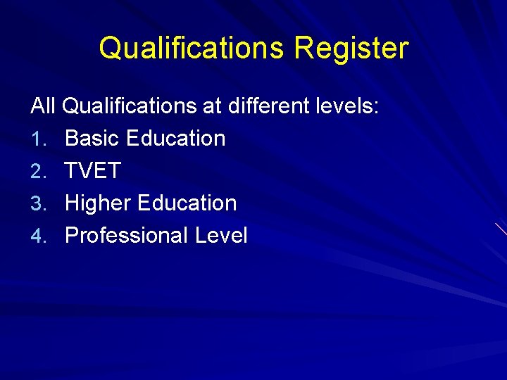 Qualifications Register All Qualifications at different levels: 1. Basic Education 2. TVET 3. Higher Qualifications Register All Qualifications at different levels: 1. Basic Education 2. TVET 3. Higher