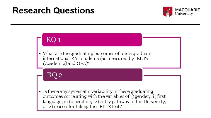 Research Questions RQ 1 • What are the graduating outcomes of undergraduate international EAL
