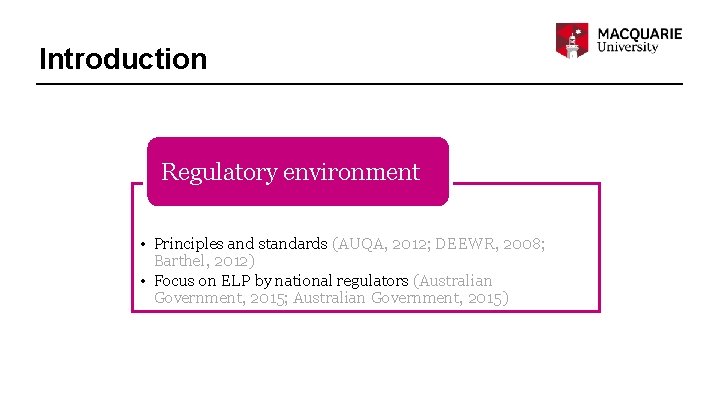 Introduction Regulatory environment • Principles and standards (AUQA, 2012; DEEWR, 2008; Barthel, 2012) •