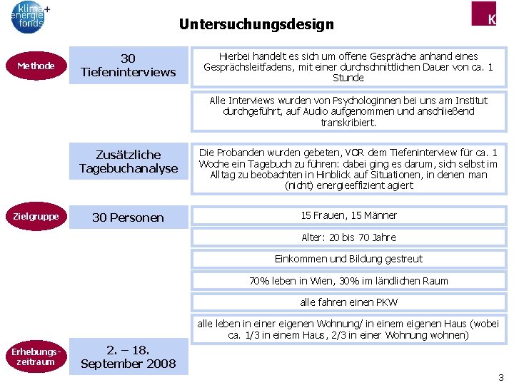 Untersuchungsdesign Methode 30 Tiefeninterviews Hierbei handelt es sich um offene Gespräche anhand eines Gesprächsleitfadens,