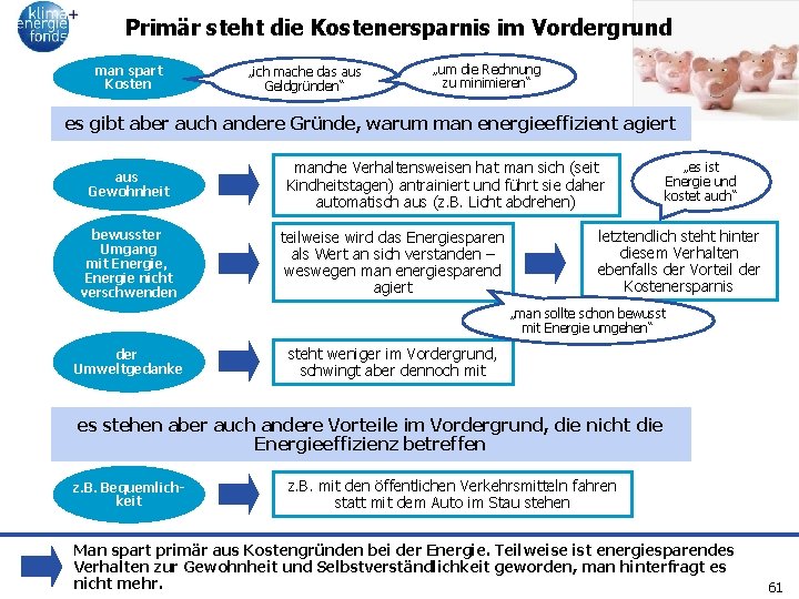 Primär steht die Kostenersparnis im Vordergrund man spart Kosten „ich mache das aus Geldgründen“